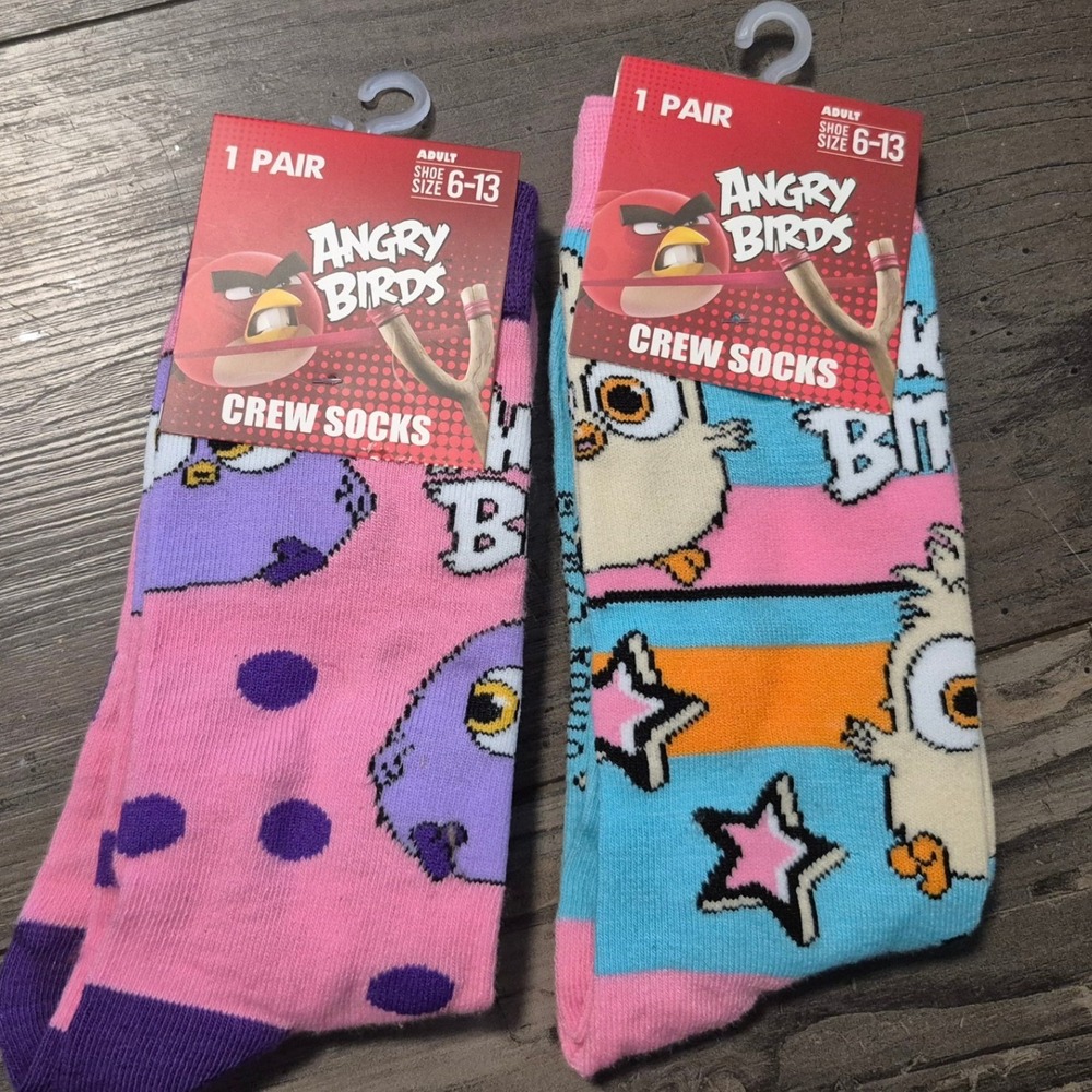Angry Birds Crew Socks 2 Pair Bundle Pink Purple Blue Adult Shoe Size 6-13 NEW